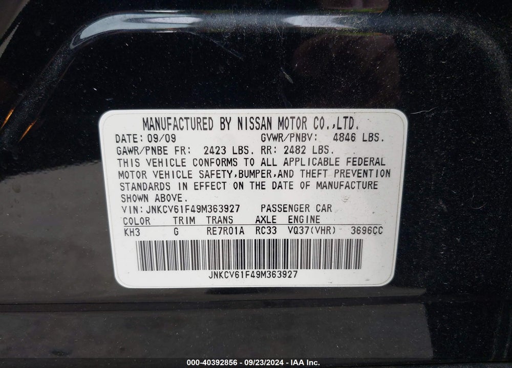 2009 INFINITI G37X VIN: JNKCV61F49M363927