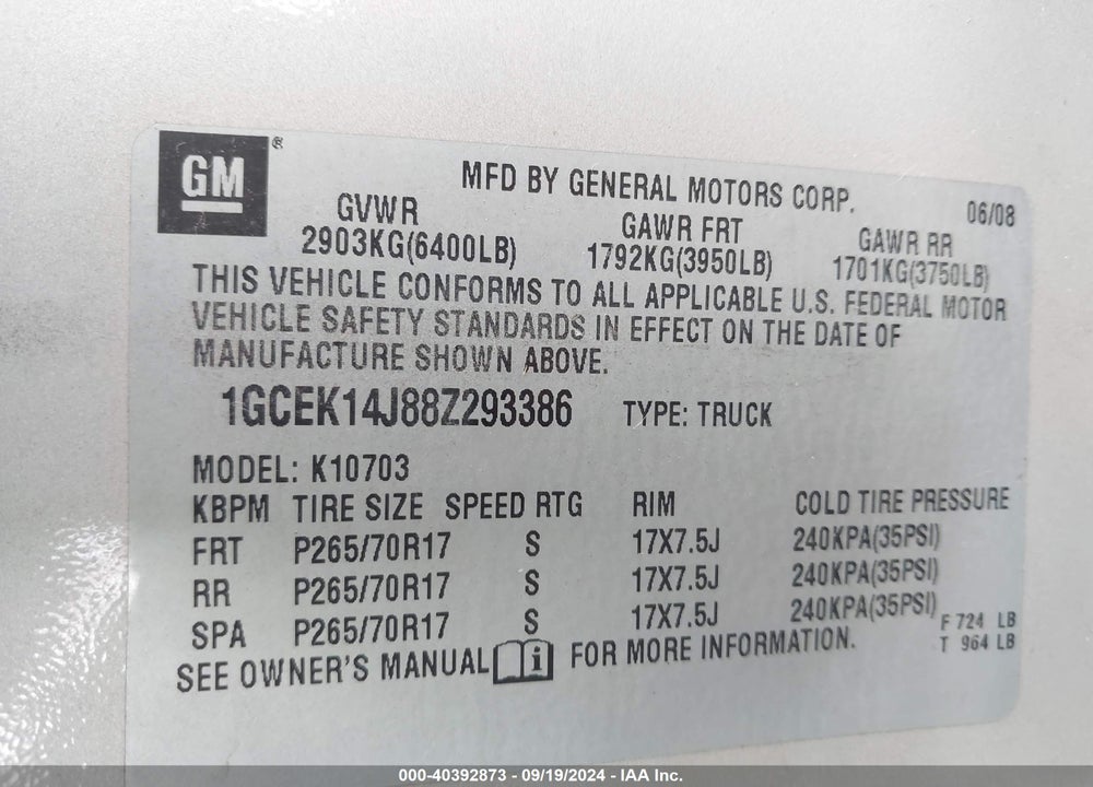 2008 CHEVROLET SILVERADO 1500 LT1 VIN: 1GCEK14J88Z293386