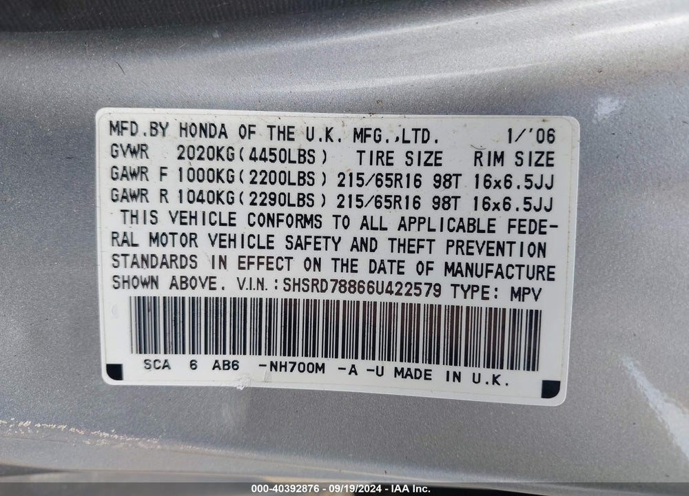 2006 HONDA CR-V EX VIN: SHSRD78866U422579