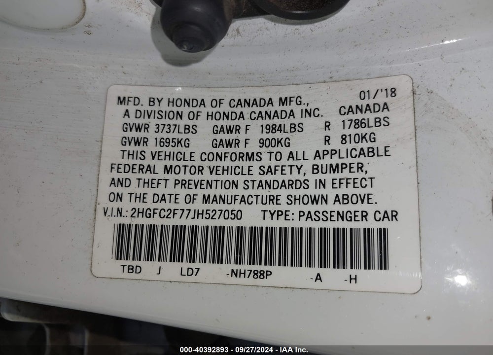 2018 HONDA CIVIC EX VIN: 2HGFC2F77JH527050