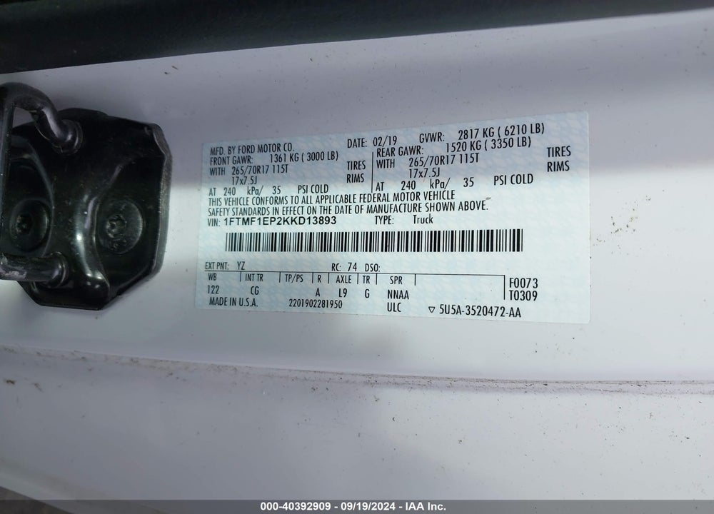 2019 FORD F-150 XL VIN: 1FTMF1EP2KKD13893