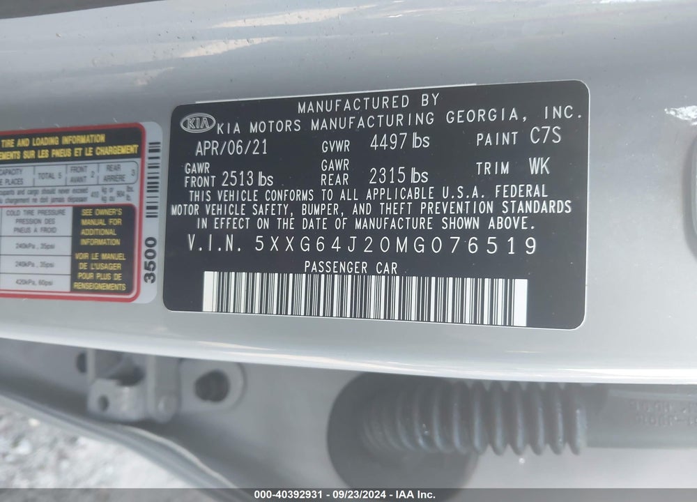 2021 KIA K5 VIN: 5XXG64J20MG076519