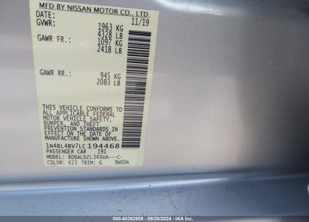 2020 NISSAN ALTIMA S FWD VIN: 1N4BL4BV7LC194468