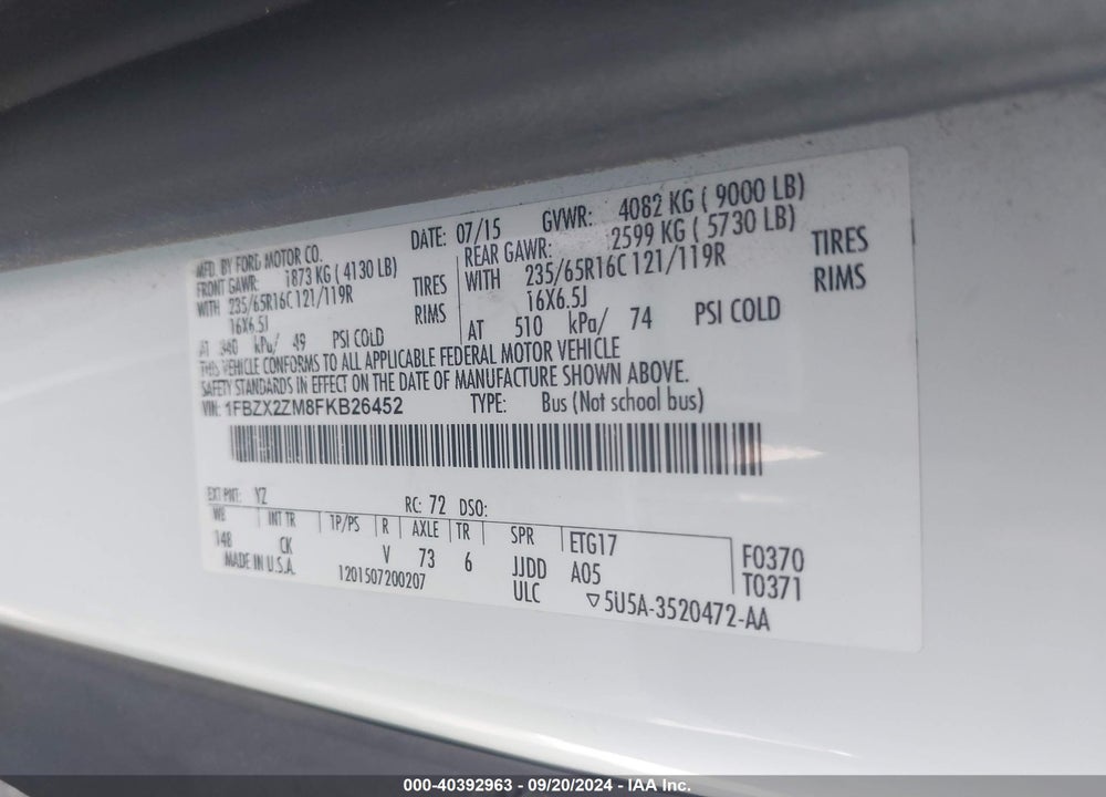 2015 FORD TRANSIT-350 XLT VIN: 1FBZX2ZM8FKB26452