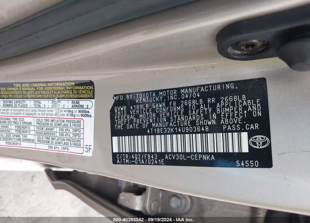 2004 TOYOTA CAMRY LE VIN: 4T1BE32K14U903648