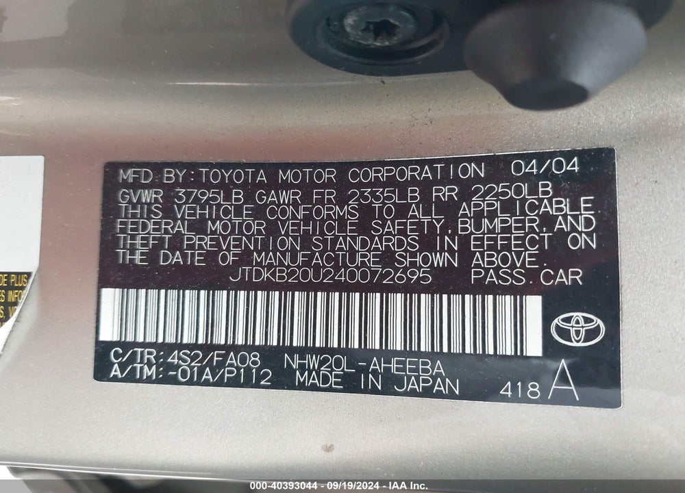 2004 TOYOTA PRIUS VIN: JTDKB20U240072695