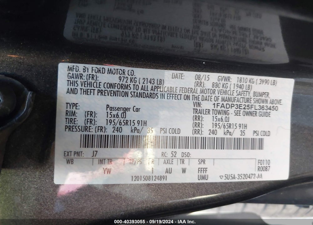 2015 FORD FOCUS S VIN: 1FADP3E25FL363450