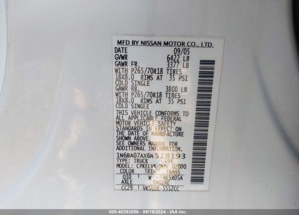 2006 NISSAN TITAN LE VIN: 1N6BA07AX6N518193