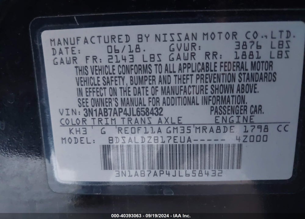 2018 NISSAN SENTRA SV VIN: 3N1AB7AP4JL658432