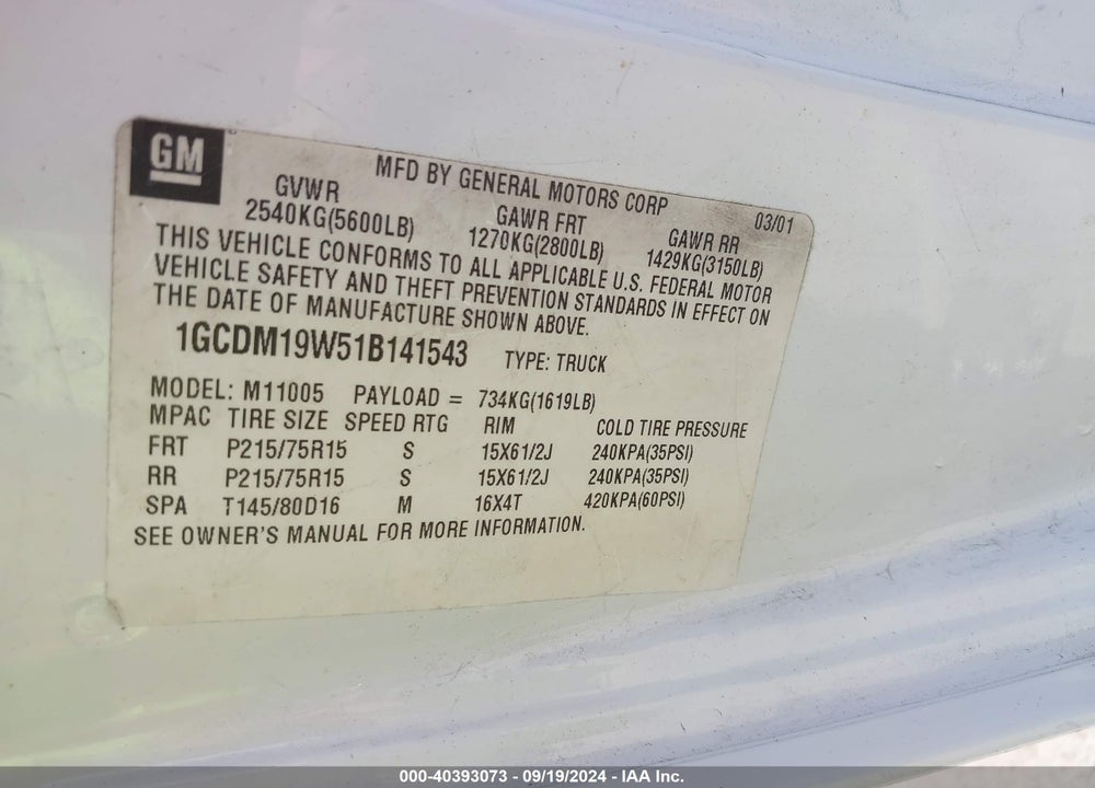 2001 CHEVROLET ASTRO VIN: 1GCDM19W51B141543