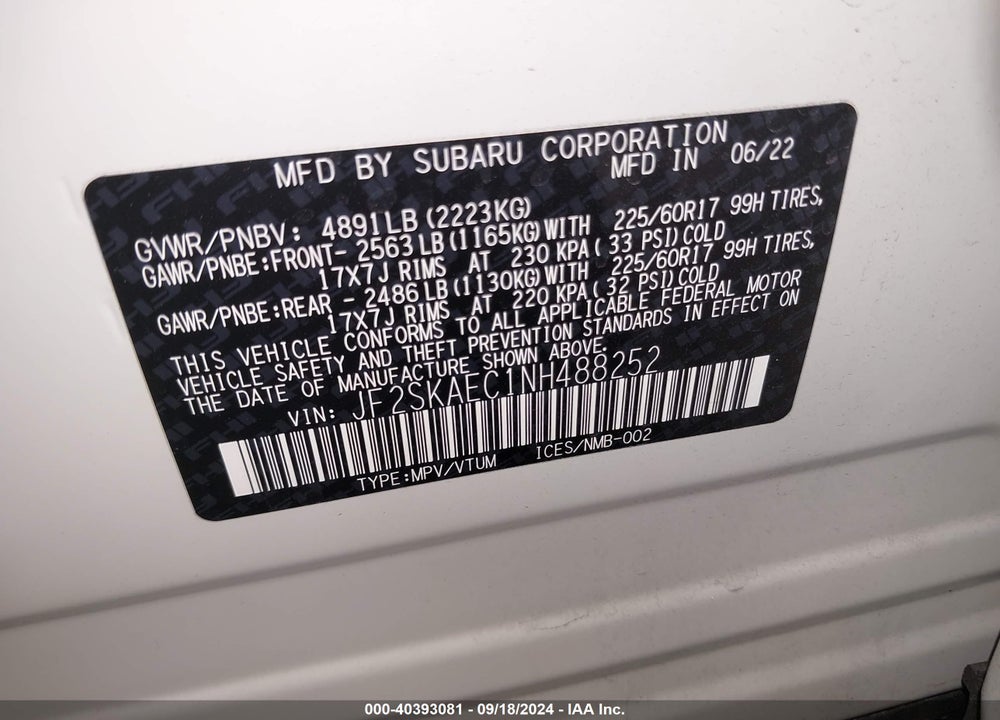 2022 SUBARU FORESTER PREMIUM VIN: JF2SKAEC1NH488252