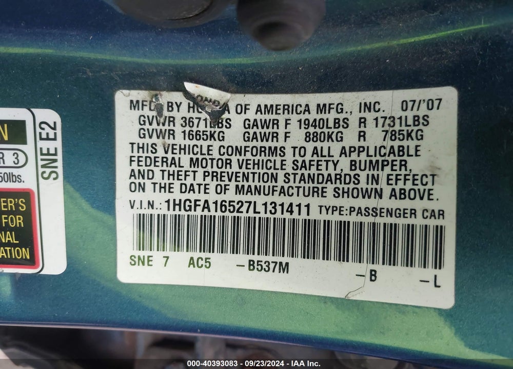 2007 HONDA CIVIC LX VIN: 1HGFA16527L131411