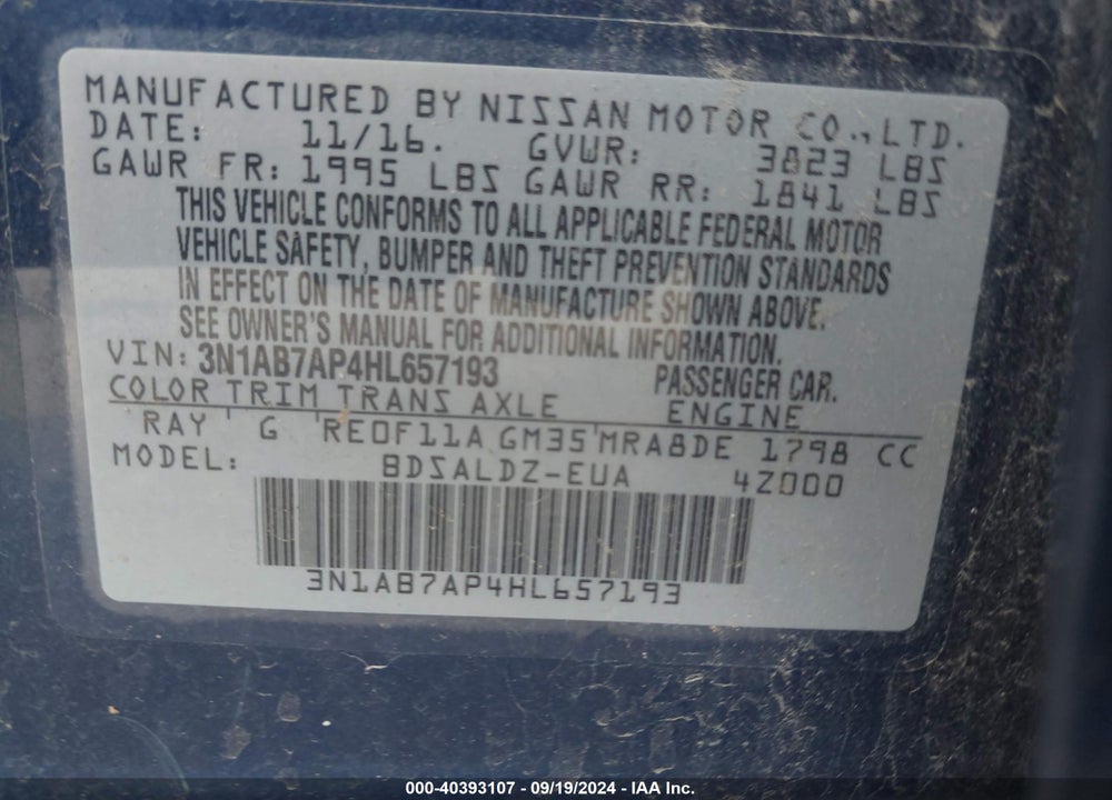 2017 NISSAN SENTRA SV VIN: 3N1AB7AP4HL657193