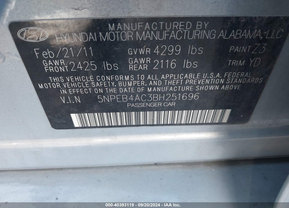 2011 HYUNDAI SONATA GLS VIN: 5NPEB4AC3BH251696