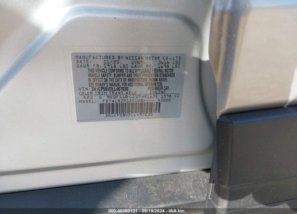 2020 NISSAN KICKS S XTRONIC CVT VIN: 3N1CP5BV2LL497030
