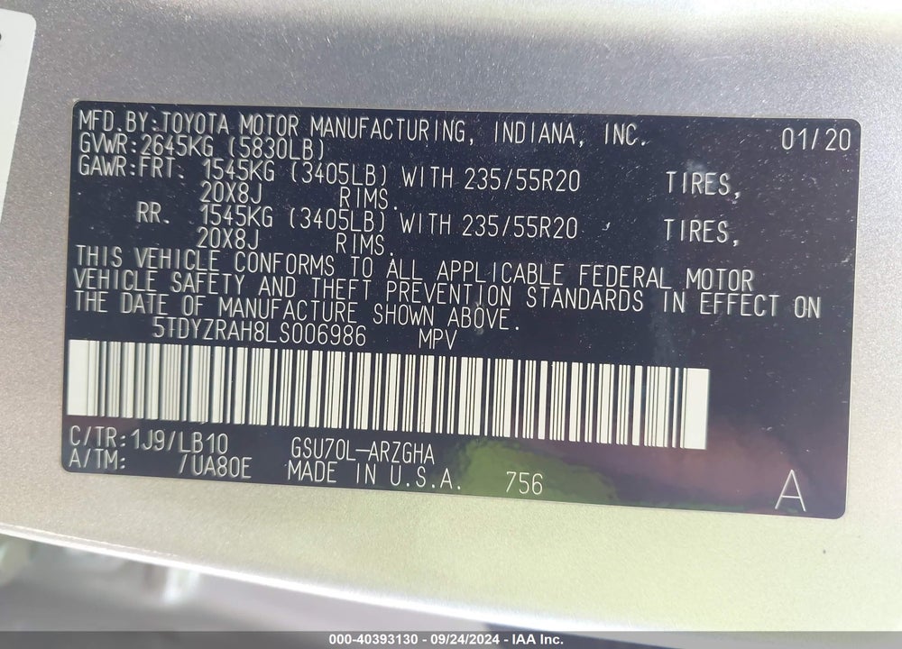 2020 TOYOTA HIGHLANDER LIMITED VIN: 5TDYZRAH8LS006986