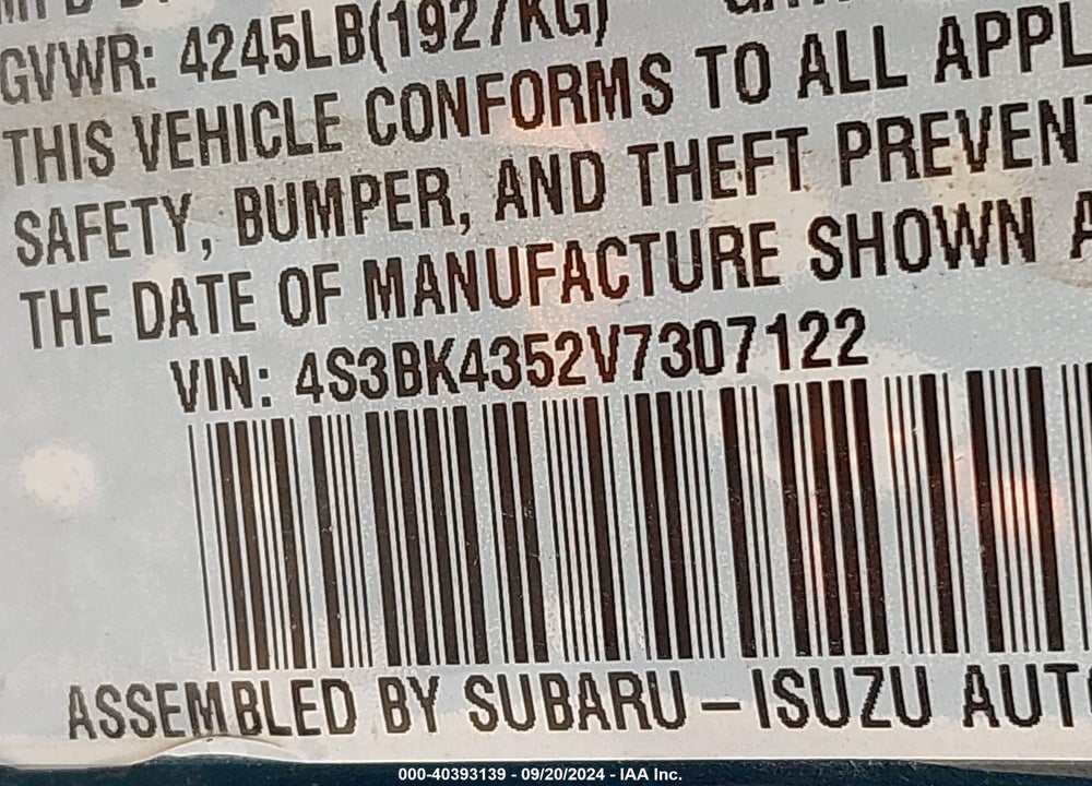 1997 SUBARU LEGACY L/POSTAL RIGHT-HAND DRIVE VIN: 4S3BK4352V7307122