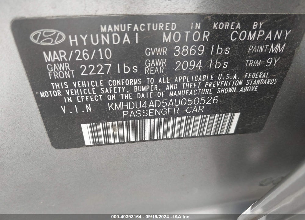 2010 HYUNDAI ELANTRA VIN: KMHDU4AD5AU050526
