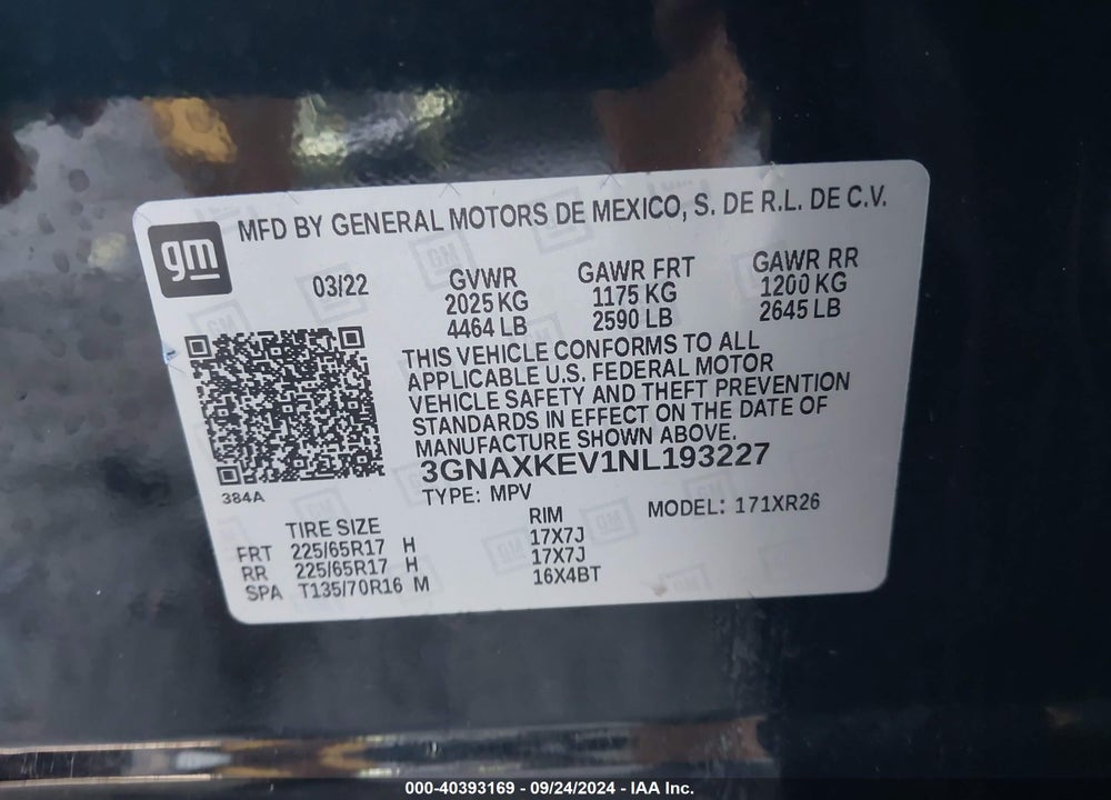 2022 CHEVROLET EQUINOX FWD LT VIN: 3GNAXKEV1NL193227