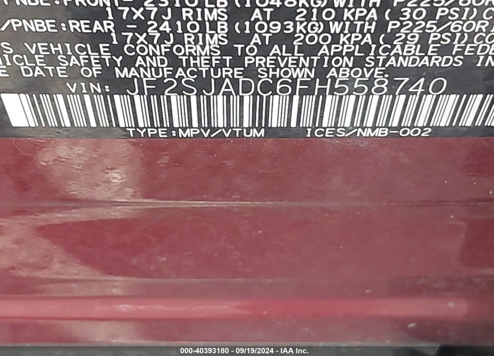 2015 SUBARU FORESTER 2.5I PREMIUM VIN: JF2SJADC6FH558740