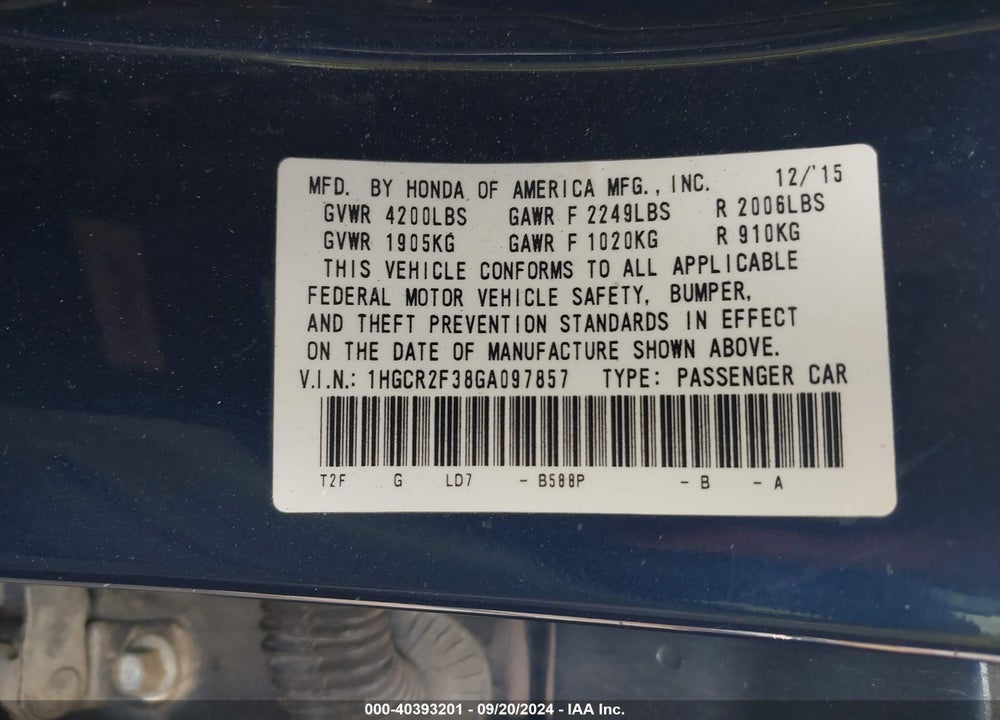 2016 HONDA ACCORD LX VIN: 1HGCR2F38GA097857
