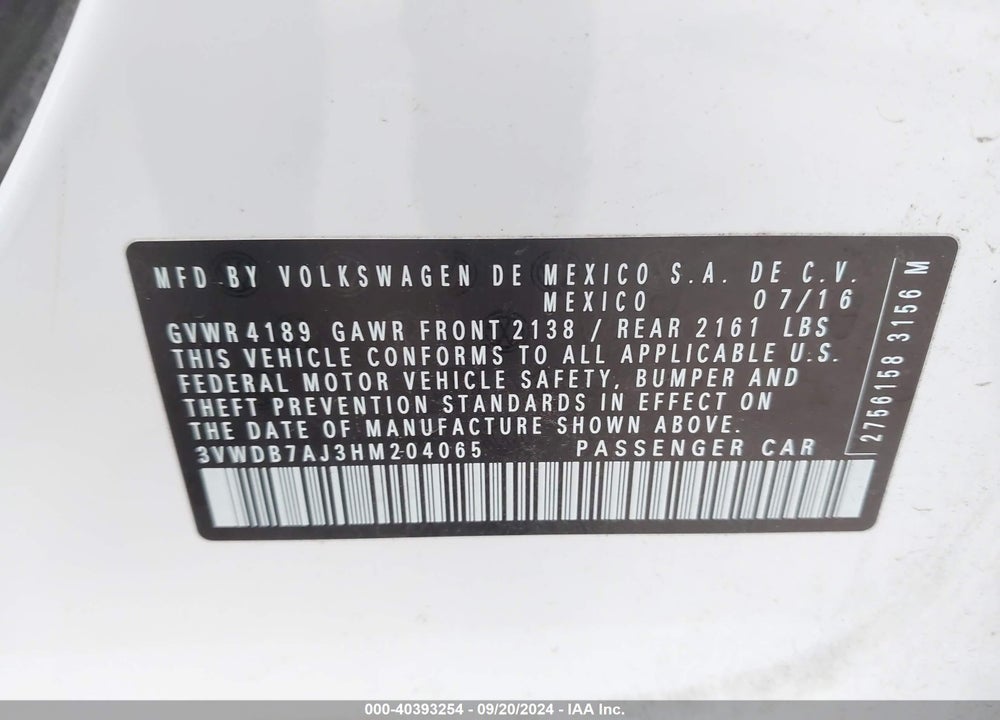 2017 VOLKSWAGEN JETTA 1.4T SE VIN: 3VWDB7AJ3HM204065
