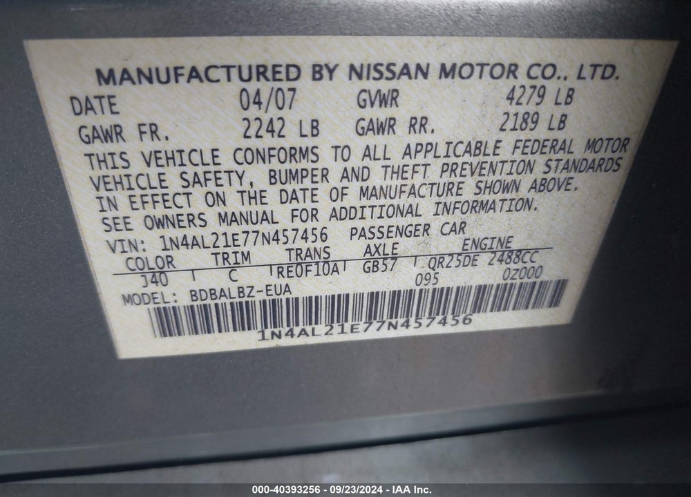 2007 NISSAN ALTIMA 2.5 S VIN: 1N4AL21E77N457456