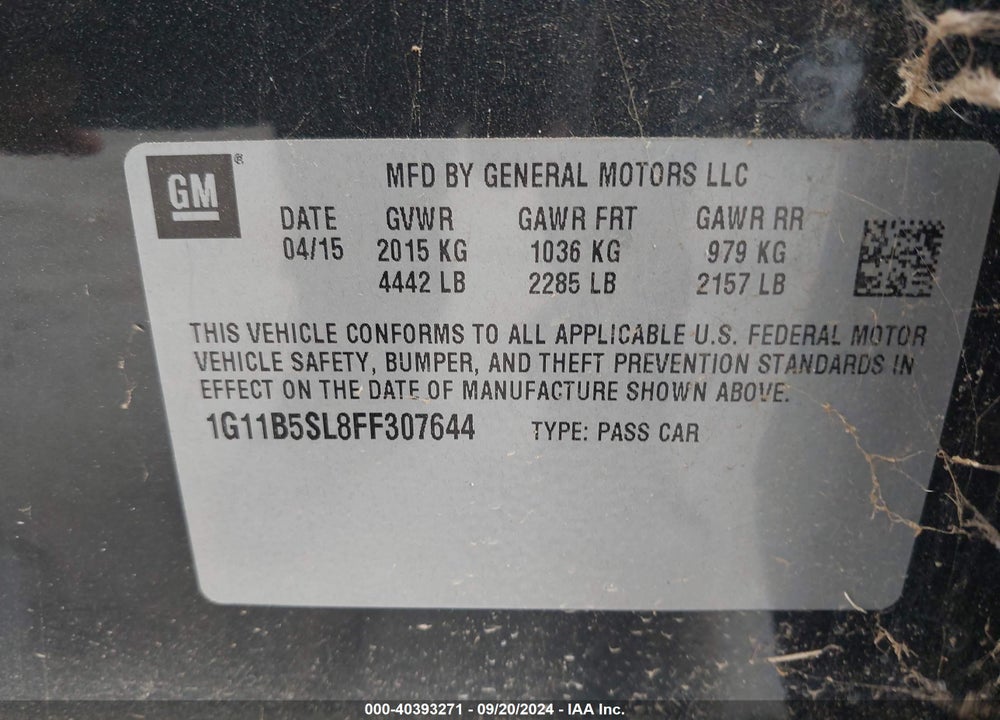 2015 CHEVROLET MALIBU LS VIN: 1G11B5SL8FF307644