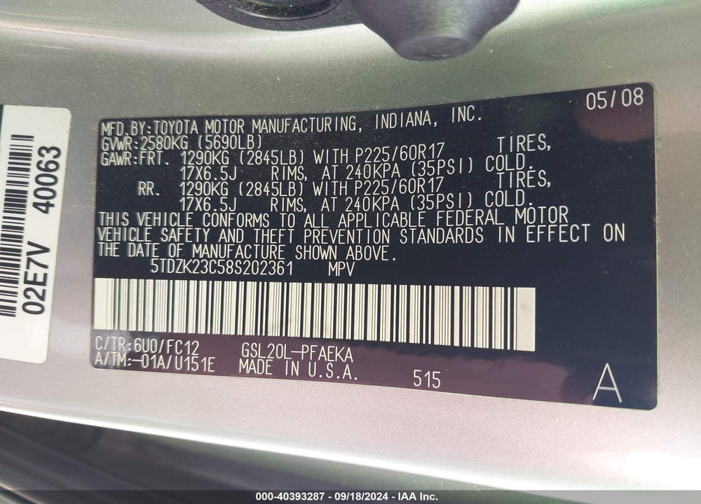 2008 TOYOTA SIENNA LE VIN: 5TDZK23C58S202361