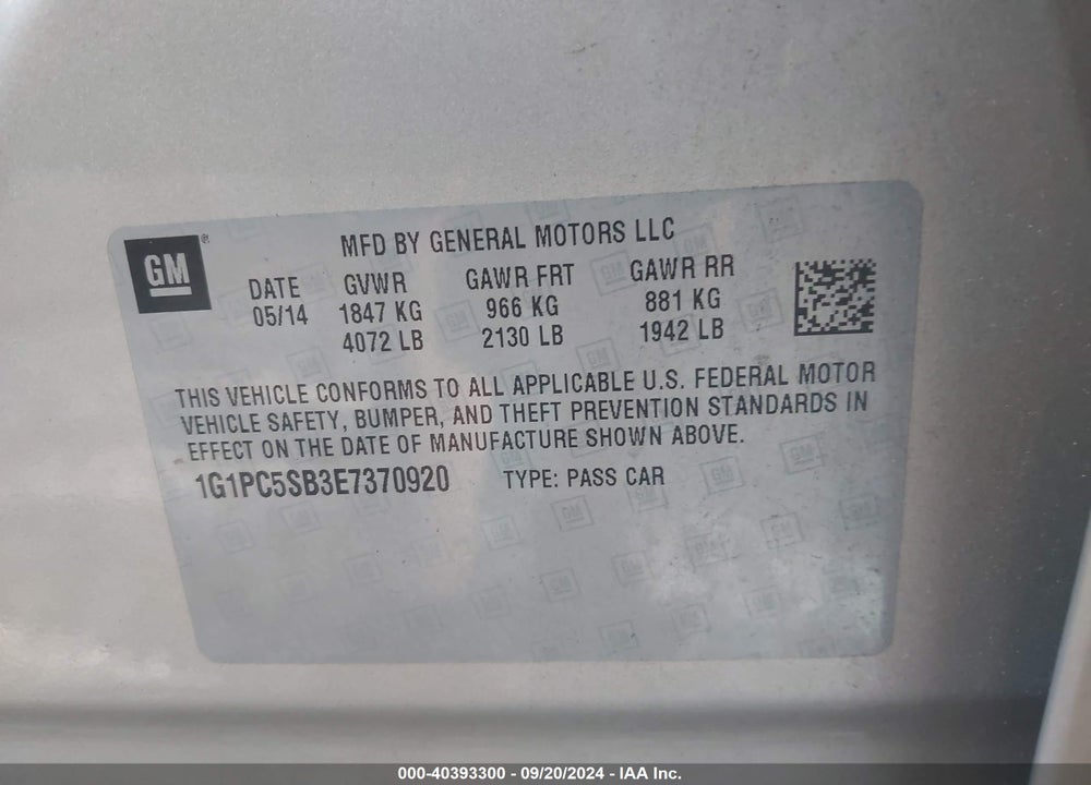 2014 CHEVROLET CRUZE 1LT AUTO VIN: 1G1PC5SB3E7370920