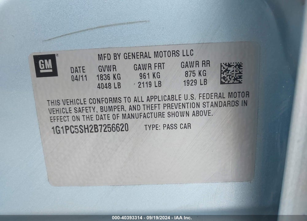 2011 CHEVROLET CRUZE LS VIN: 1G1PC5SH2B7256620