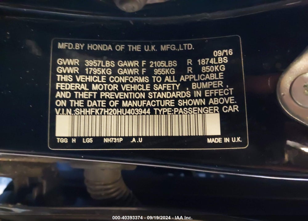 2017 HONDA CIVIC VIN: SHHFK7H20HU403944