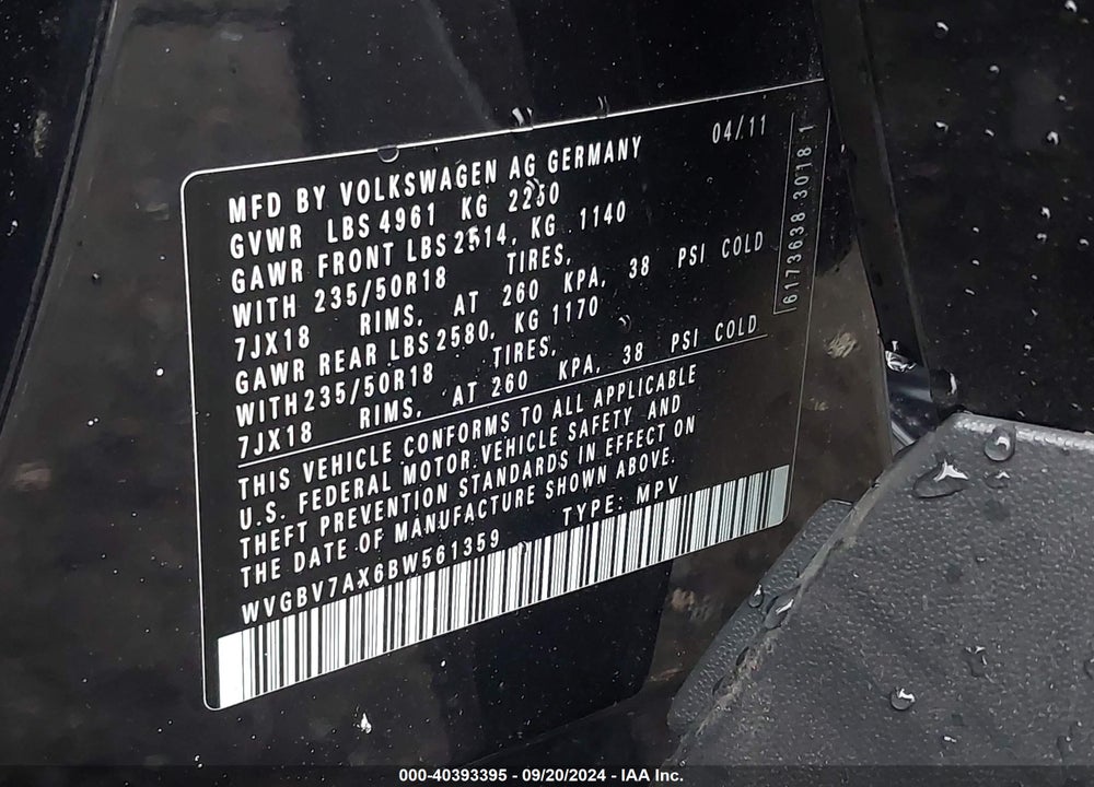 2011 VOLKSWAGEN TIGUAN SE VIN: WVGBV7AX6BW561359