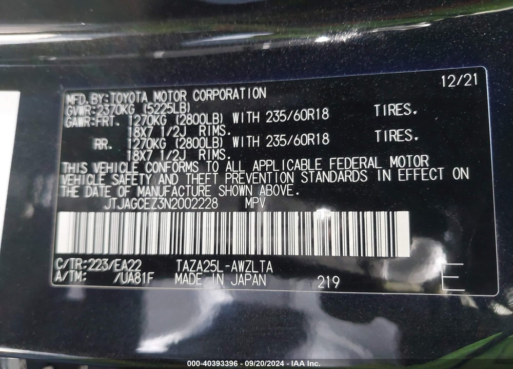 2022 LEXUS NX 350 VIN: JTJAGCEZ3N2002228