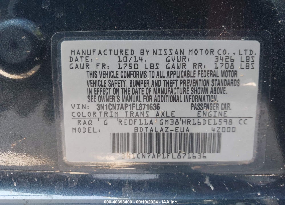 2015 NISSAN VERSA 1.6 S+ VIN: 3N1CN7AP1FL871636