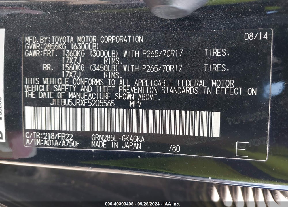 2015 TOYOTA 4RUNNER SR5 VIN: JTEBU5JRXF5205565