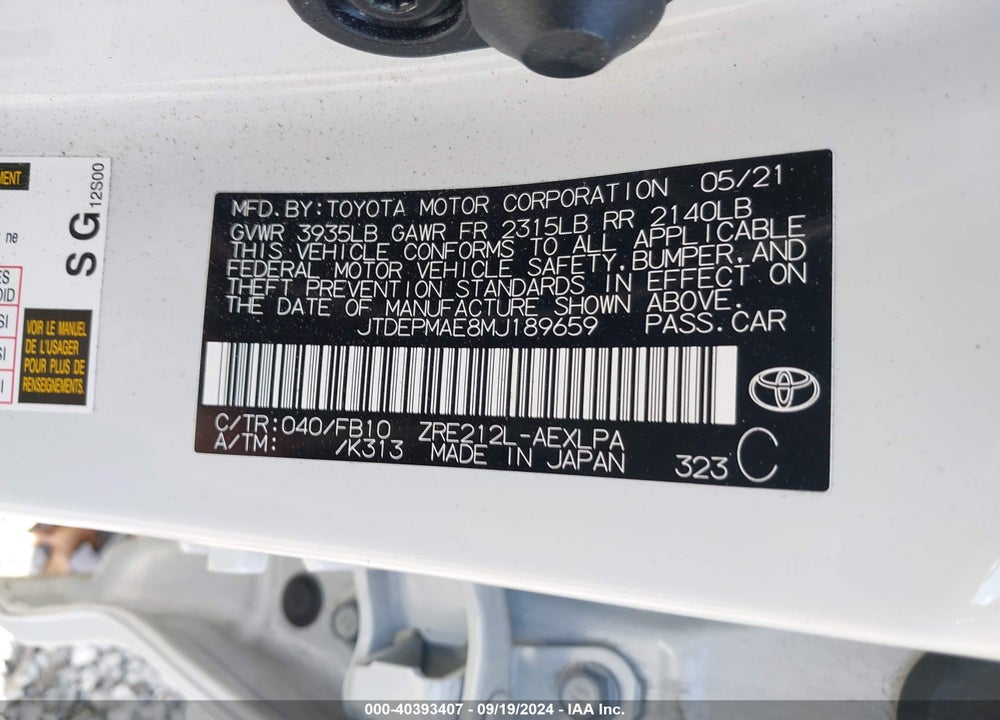 2021 TOYOTA COROLLA LE VIN: JTDEPMAE8MJ189659