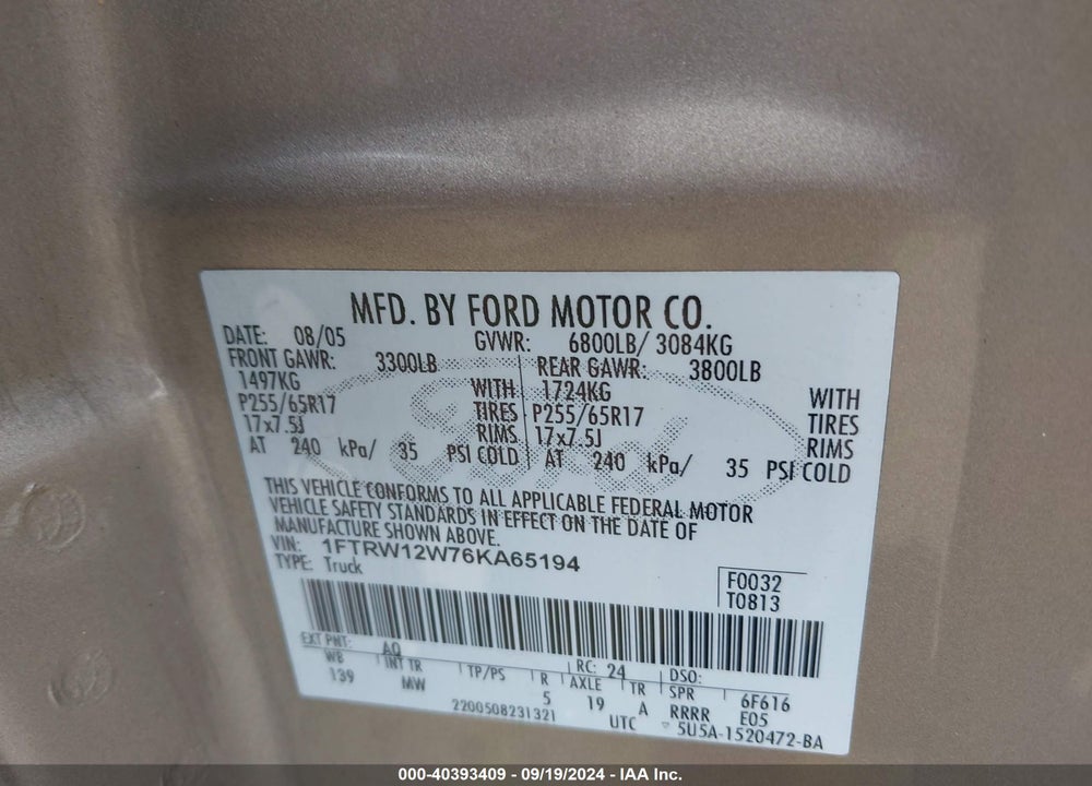 2006 FORD F-150 XLT VIN: 1FTRW12W76KA65194