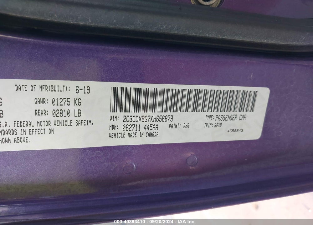 2019 DODGE CHARGER SXT RWD VIN: 2C3CDXBG7KH656879