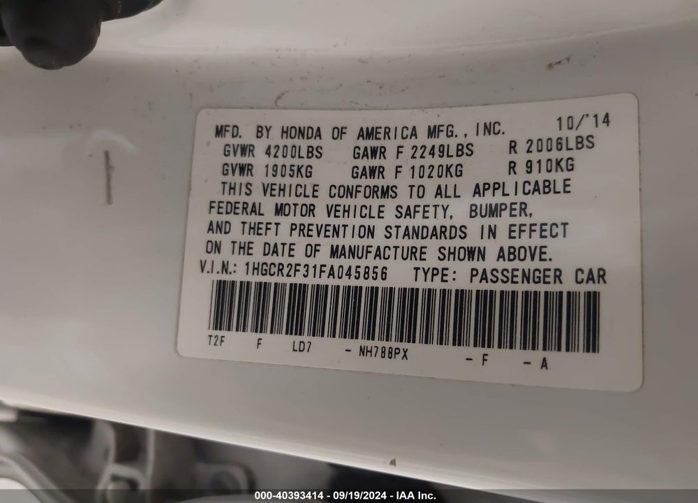 2015 HONDA ACCORD LX VIN: 1HGCR2F31FA045856