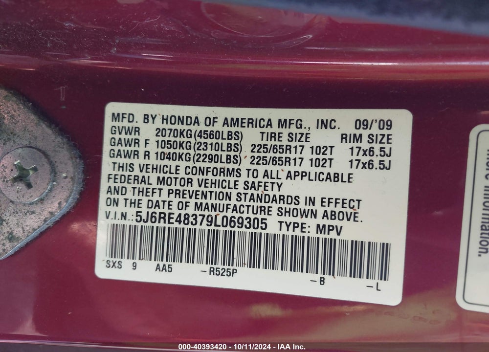 2009 HONDA CR-V LX VIN: 5J6RE48379L069305