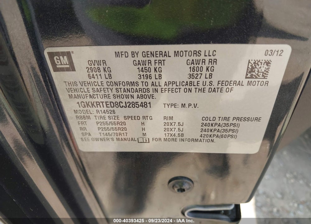 2012 GMC ACADIA DENALI VIN: 1GKKRTED8CJ285481