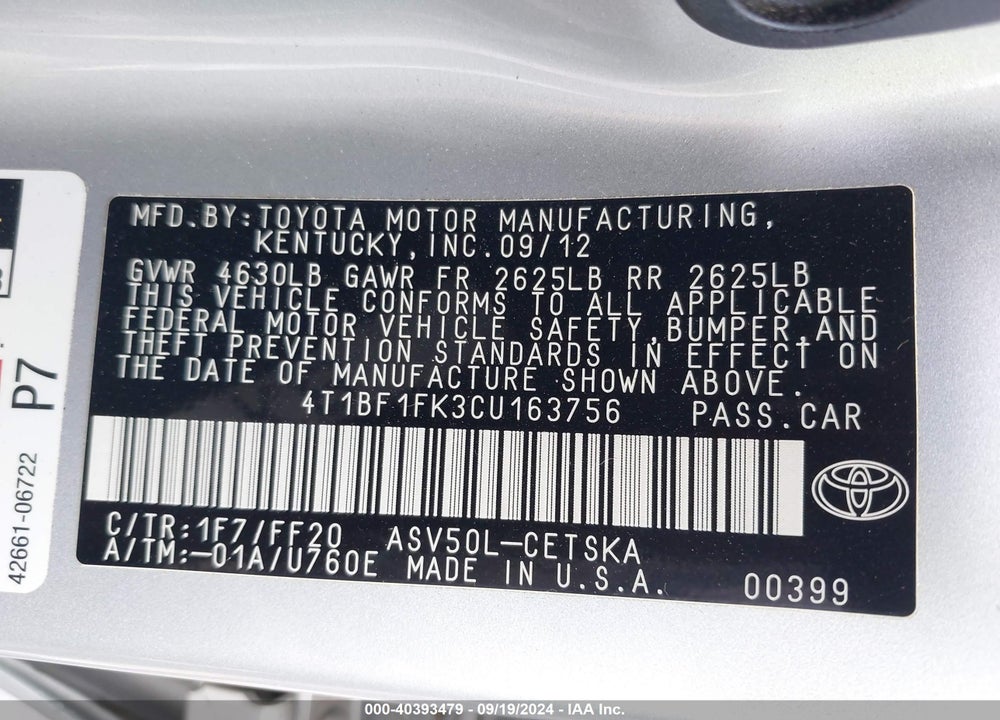 2012 TOYOTA CAMRY SE VIN: 4T1BF1FK3CU163756