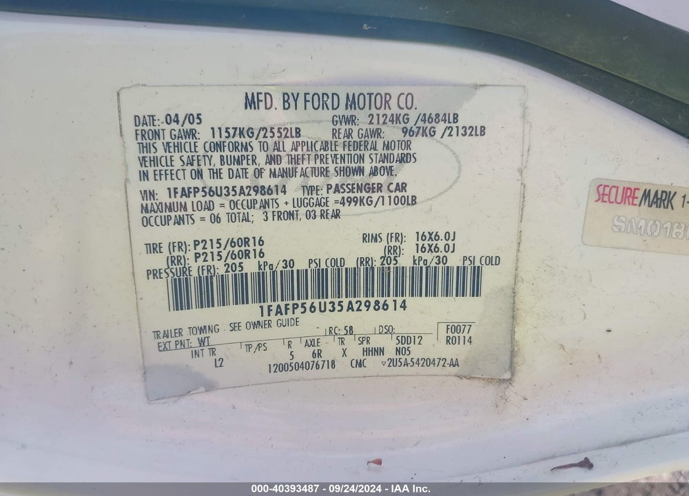 2005 FORD TAURUS SEL VIN: 1FAFP56U35A298614