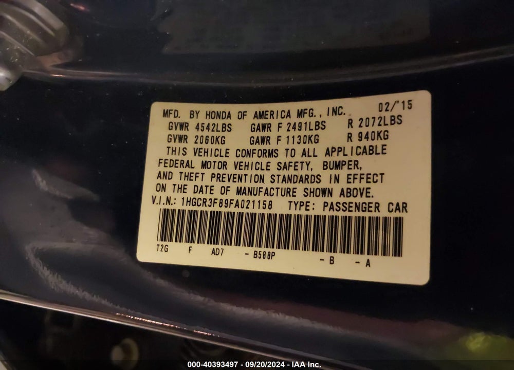2015 HONDA ACCORD EX-L V-6 VIN: 1HGCR3F89FA021158