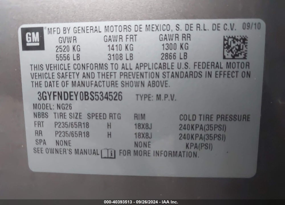 2011 CADILLAC SRX LUXURY COLLECTION VIN: 3GYFNDEY0BS534526