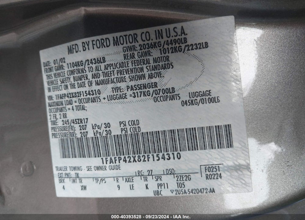 2002 FORD MUSTANG GT VIN: 1FAFP42X82F154310