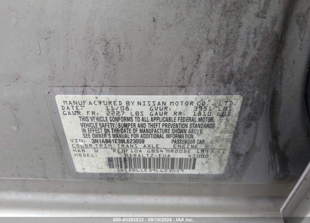 2009 NISSAN SENTRA 2.0S VIN: 3N1AB61E39L623059