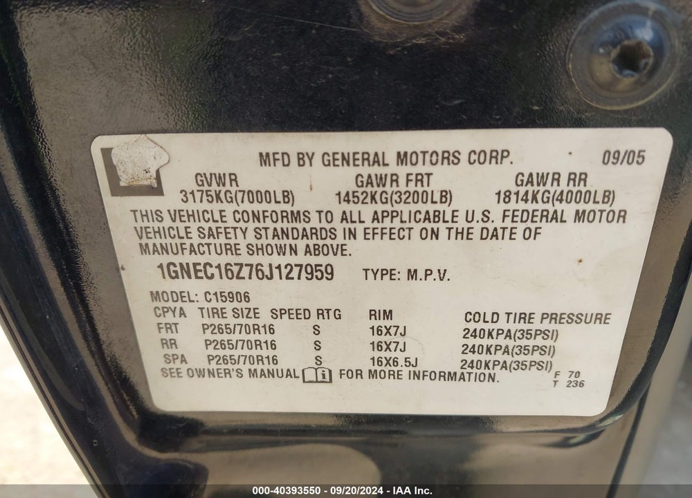 2006 CHEVROLET SUBURBAN 1500 LS VIN: 1GNEC16Z76J127959