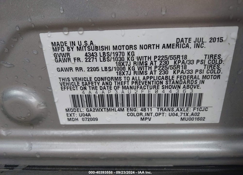 2015 MITSUBISHI OUTLANDER SPORT ES VIN: 4A4AP3AU2FE044363